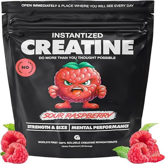 Gains in Bulk Instantized Creatine Monohydrate for Women and Men, Soluble Pre Workout Powder, Supports Muscle Building, Strength and Performance, Bodybuilding Supplements, Sour Raspberry, 30 Servings
