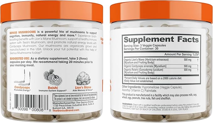 Genius Lion’s Mane Supplement Capsules – Organic Full Spectrum Mushrooms for Cognition, Focus & Memory – 1,200mg Per Serving, 120 Count (60 Servings) – Grown in The USA
