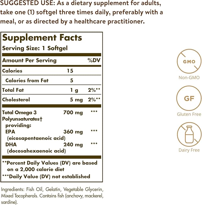 Solgar Double Strength Omega-3 700 mg, 120 Softgels 3 Fatty 120 Servings