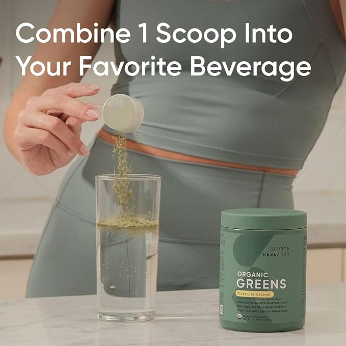 Sports Research® Organic Greens Superfood Powder w/Spirulina & Chlorella, Adaptogens, Enzymes, Probiotics & 8 VIT Bs for Gut & Mood Support* - Vegan, Sugar-Free & Low-Cal Pineapple Coconut 20