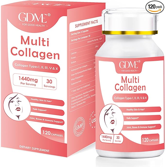 GDME Multi Collagen Peptides Powder for Women - Type I, II, III, V, X - Hydrolyzed Collagen Peptides, Supports Skin Hair Nail & Joint, Grass-Fed, Non-GMO, 120 Capsules
