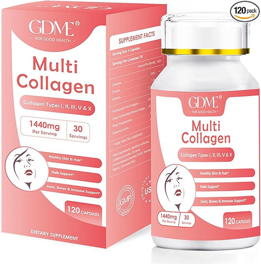 GDME Multi Collagen Peptides Powder for Women - Type I, II, III, V, X - Hydrolyzed Collagen Peptides, Supports Skin Hair Nail & Joint, Grass-Fed, Non-GMO, 120 Capsules