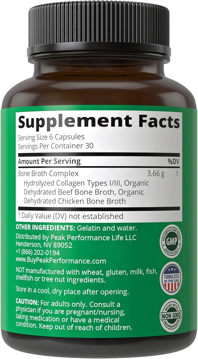 Bone Broth Collagen Capsules. 180 Pills of Grass Fed Bone Broth Collagen Protein Peptides. Contains All 3 Types 1, 2, and 3. Pure Pasture Raised Paleo Friendly Tablets for Women and Men