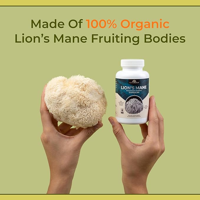 Naturealm Lions Mane Mushroom Supplement - Organic Brain Support for Focus Memory Mental Clarity - Non GMO Cognitive Function - 90 Vegetarian Capsules