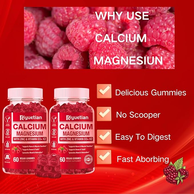 2 Pack Calcium Magnesium Zinc Gummies D3 Supplement, 120 Count