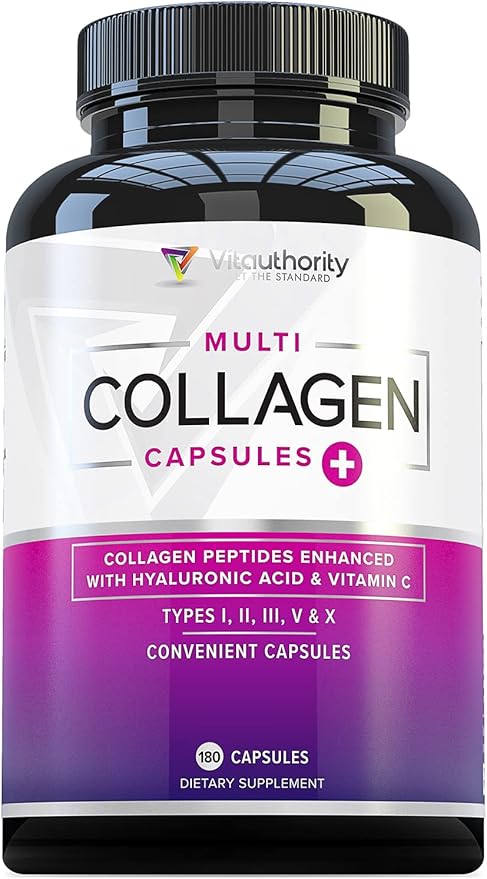 Vitauthority Multi Collagen Pills for Women and Men High Absorption Hydrolyzed Peptides Capsules for Hair Skin and Nails with Types I II III V X Hyaluronic Acid and Vitamin C - 60 Servings