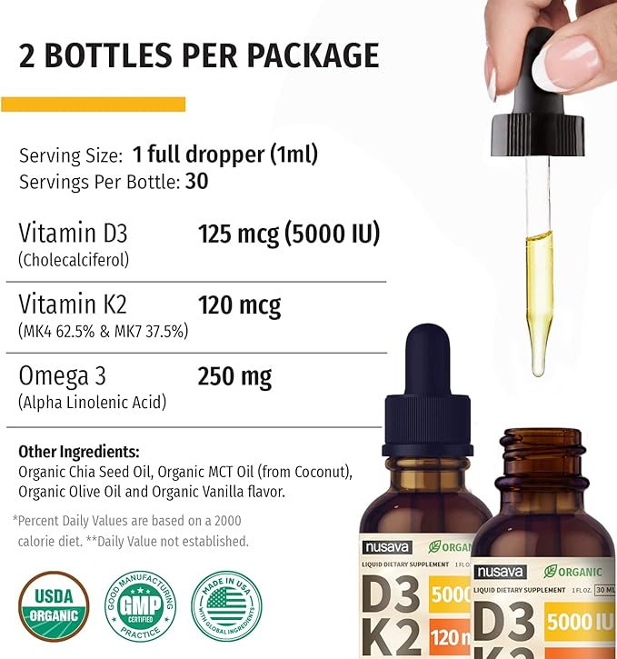 (2 Pack) Organic Vitamin D3 K2 3, 5000 5000 IU, 5000 IU, D3 for 2 Fl