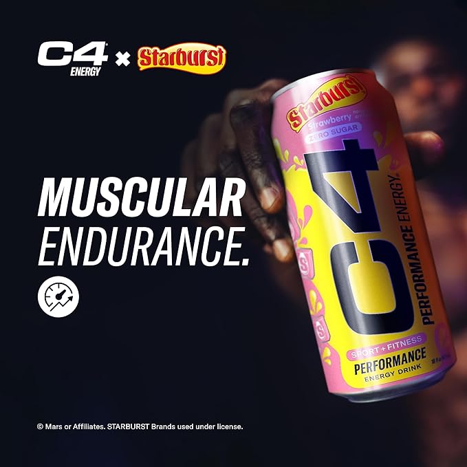 Cellucor C4 Performance Energy Drink | STARBURST Strawberry | Zero Sugar Carbonated Preworkout Energy | 200mg Caffeine with Beta Alanine | 16 Fl Oz (12 Pack)