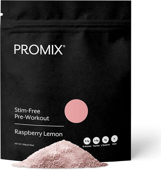 Promix Stim-Free Pre-Workout Powder, Raspberry Lemon 30 Servings, 274g - B12, Taurine,