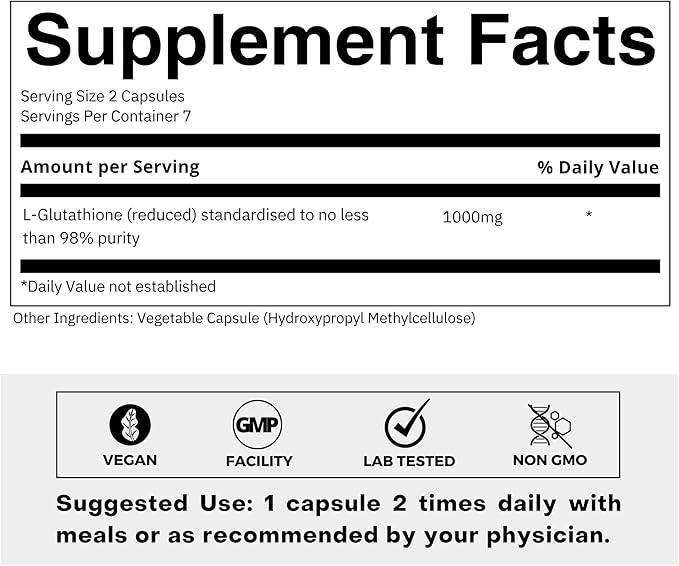 Ultra High Strength L-Glutathione 98% Supplement 500mg Concentrated (1 Week