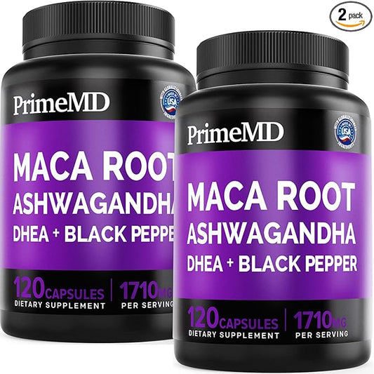 PrimeMD 6-in1 Organic Maca Root Ashwagandha Capsules 1710mg with DHEA and Black Pepper Fruit Extract - Maca Root Capsules for Women and Men - Stamina, Bone and Mood Support Supplement, 240ct (2 Pack)