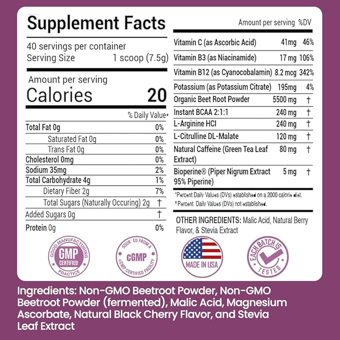 Beetroot Powder - Superfood for Blood Pressure Support, Nitric Oxide Booster, Beet Root Extract, BCAA for Heart Health, Green Tea Extract, Berry Flavor (Pack of 1 (10.59 oz))