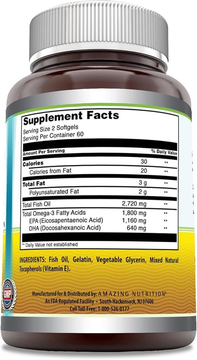 Amazing Omega Triple Strength Fish Oil (Omega-3, EPA/DHA) 1360 Mg 120 Softgels