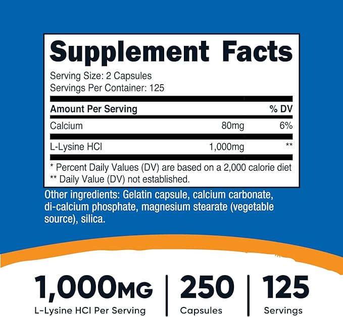 Nutricost L-Lysine 1000mg, 250 Capsules - 500mg Per Cap, Gluten Free, Non-GMO