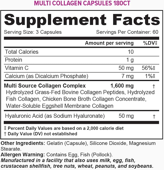 Vitauthority Multi Collagen Pills for Women and Men High Absorption Hydrolyzed Peptides Capsules for Hair Skin and Nails with Types I II III V X Hyaluronic Acid and Vitamin C - 60 Servings