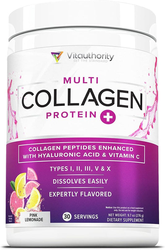 Multi Collagen Peptides Powder for Women and Men - Instant Dissolving Grass Fed Hydrolyzed Collagen Powder Drink Mix for Beautiful Hair Skin and Nails with Hyaluronic Acid and Vitamin C