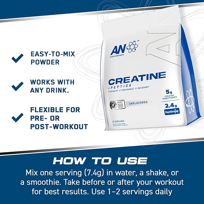 AN Performance Creatine + Peptide | Unflavored | 5g Creatine Monohydrate, 2.4g PeptiStrong | Gluten-Free, Low Carb, Low Fat | Keto Friendly | 60 Servings
