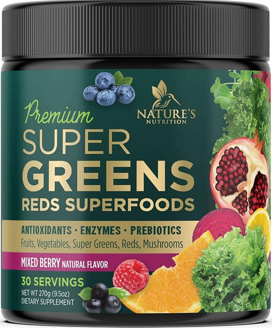 Greens Superfood Powder Drink Mix - Green Whole Food Blend for Energy & Gut Health with Organic Wheat Grass, Spirulina, Chlorella, Digestive Enzymes Antioxidant & Probiotics, Berry Flavor, 30 Servings