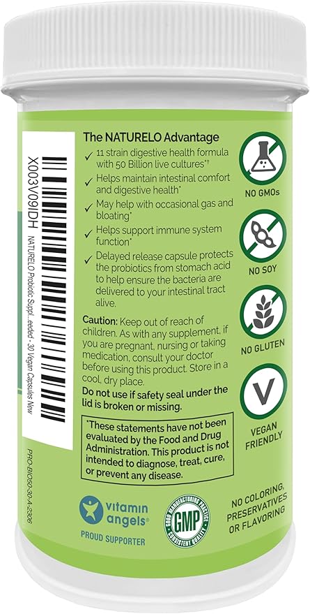 NATURELO Probiotics for Digestive Health 50 Billion 11 Strains 30 Vegetarian