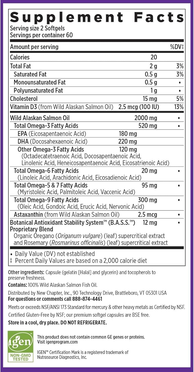 New Chapter Wholemega Fish Oil Supplement Omega-3 + D3 + 120 ct, 1000mg Softgels