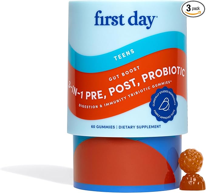 FIRST DAY Teens 3-in-1 Probiotic Gummies – Prebiotic + Probiotic + Postbiotic Supplement – Supports Digestive & Oral Health, Immune Function & Energy Levels – 30-Day Supply