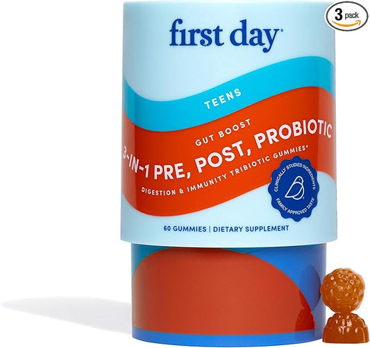 FIRST DAY Teens 3-in-1 Probiotic Gummies – Prebiotic + Probiotic + Postbiotic Supplement – Supports Digestive & Oral Health, Immune Function & Energy Levels – 30-Day Supply
