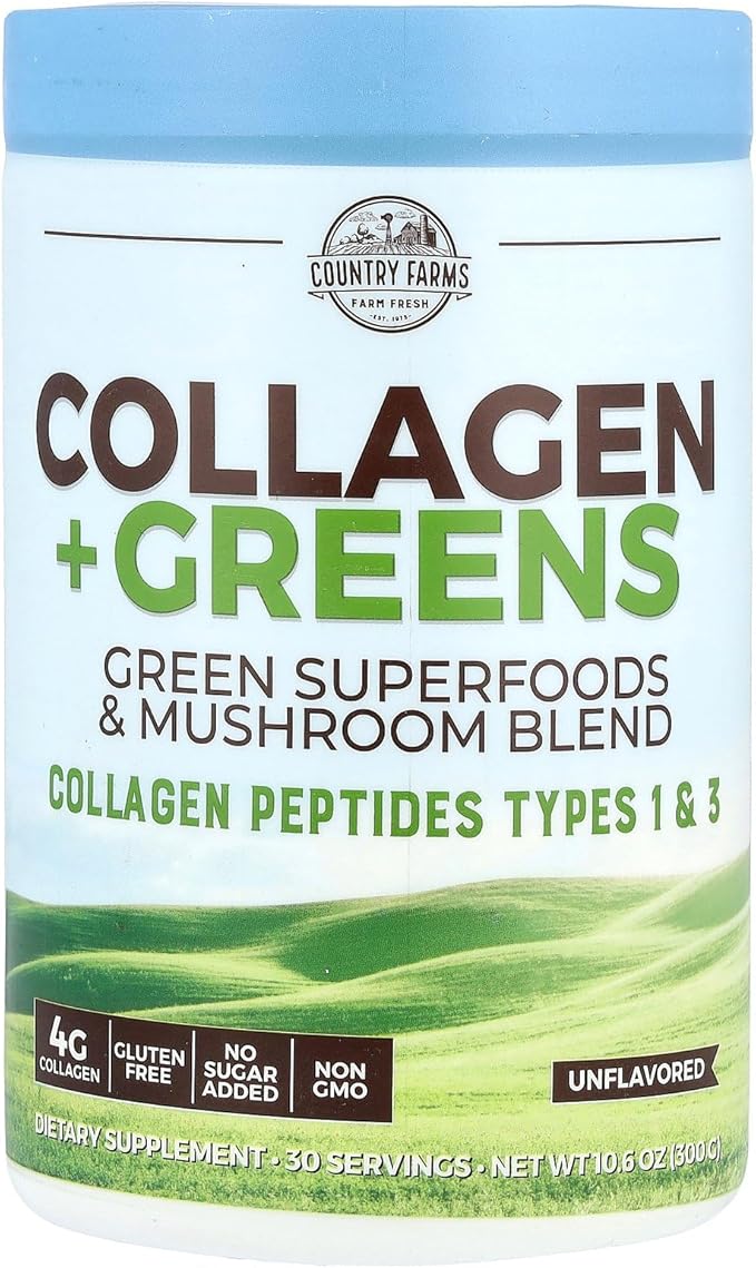 COUNTRY FARMS Collagen Peptides Powder with Greens Dietary Powder Supplement (Type I, III) for Skin Hair Nail and Joints, Dairy/Gluten/Sugar Free, Energizing Superfoods, Natural, 10.6 Oz 30 Servings