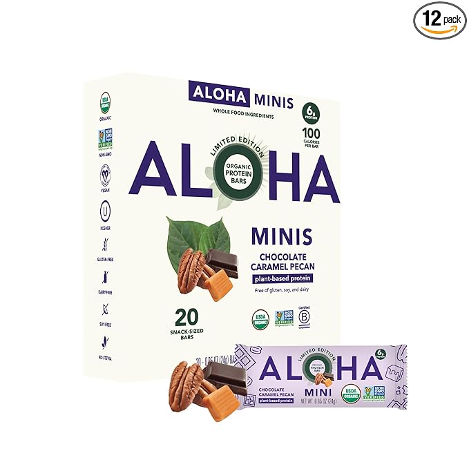 ALOHA Organic Plant Based Protein Bar MINIS |Caramel Chocolate Pecan | 20 Count, 24g Bars | Vegan, Low Sugar, Gluten Free, Low Carb, Non-GMO, Stevia Free, Soy Free, No Sugar Alcohols