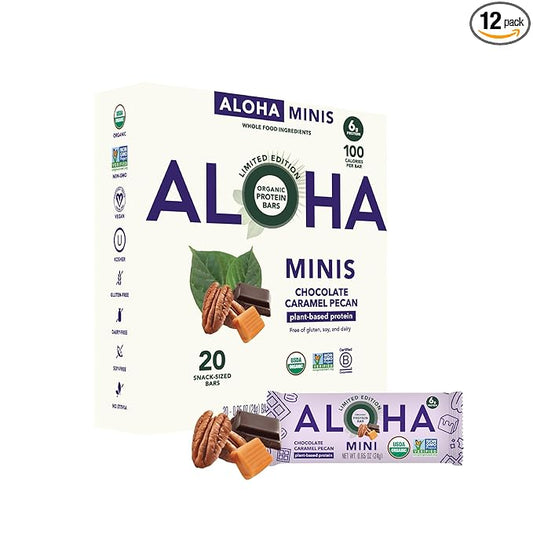 ALOHA Organic Plant Based Protein Bar MINIS |Caramel Chocolate Pecan | 20 Count, 24g Bars | Vegan, Low Sugar, Gluten Free, Low Carb, Non-GMO, Stevia Free, Soy Free, No Sugar Alcohols