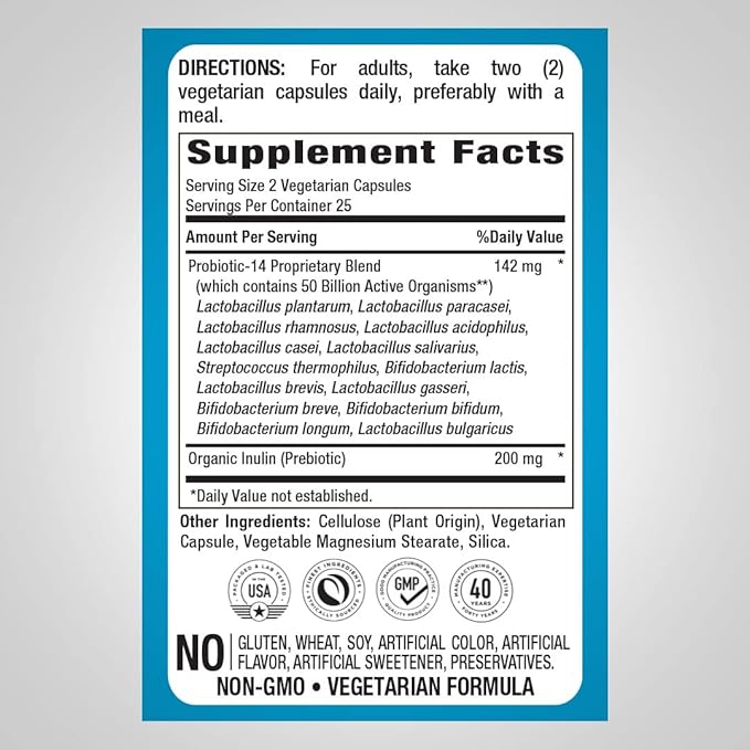 Piping Rock Probiotic Multi Enzyme 50 Capsules 142mg | 14 Strains 50 Billion