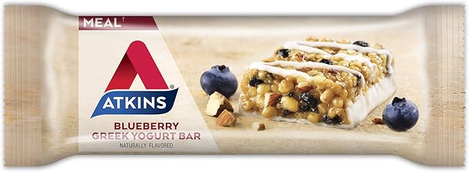 Atkins Creamy Cookie Crunch Meal Bars, 16g Protein, 12 Count & Blueberry Greek Yogurt Protein Meal Bar, 15g Protein, 5 Count