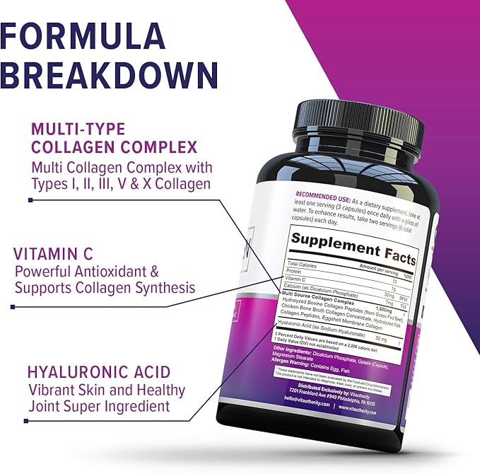 Vitauthority Multi Collagen Pills for Women and Men High Absorption Hydrolyzed Peptides Capsules for Hair Skin and Nails with Types I II III V X Hyaluronic Acid and Vitamin C - 60 Servings