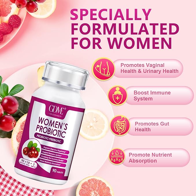 Women's Probiotics, 90 Tablets 90 Billion CFU 18 Strains, Contains Organic Prebiotic Cranberry,Probiotic Supplement for Digestion, Immunity, Women's Health, Soy Gluten Dairy Free