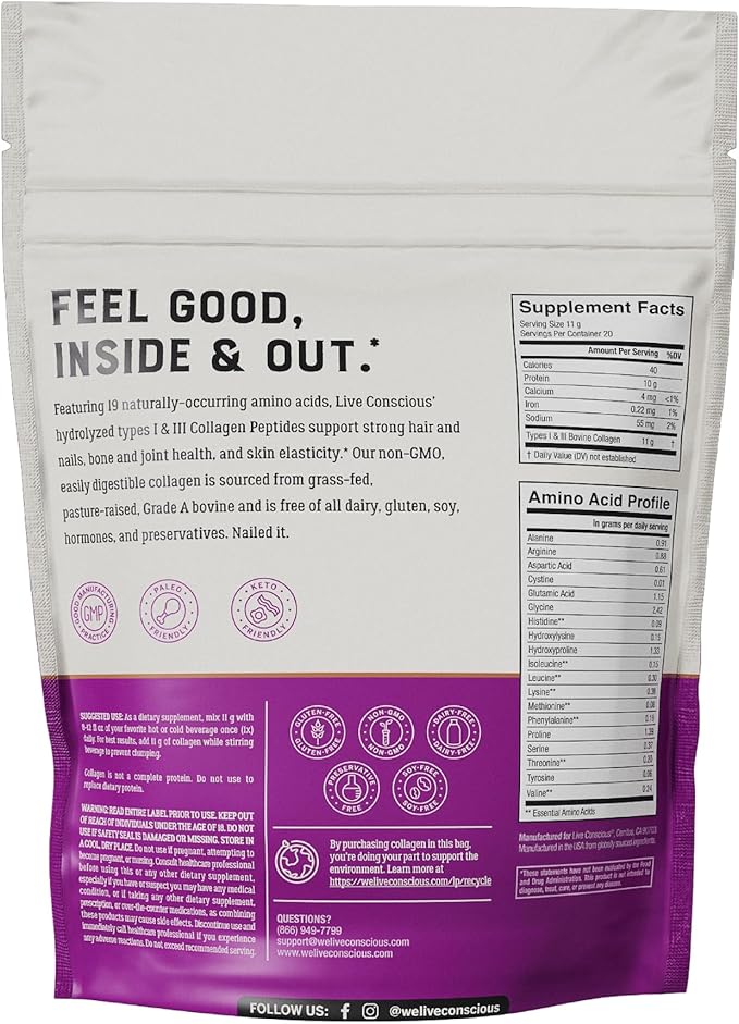 Live Conscious Collagen Powder Hydrolyzed Collagen 20 Servings, 7.8 oz