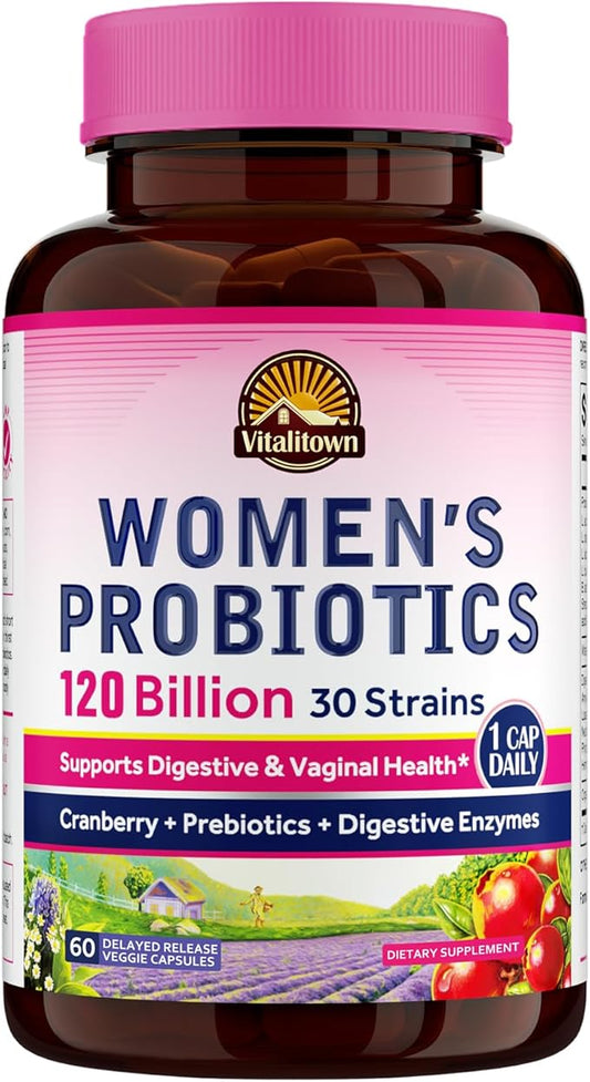 Vitalitown Probiotics for Women 120 Billion CFUs, 30 Strains, with Prebiotics & Digestive Enzymes & Cranberry, Gut & Vaginal Health, Vegan 60 (Pack of 1) Delayed Release Caps