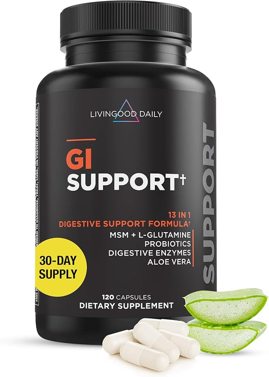 Livingood Daily Gut Cleanse Detox Supplement, 13-in-1 GI Support with L Glutamine, Aloe Vera, Digestive Enzymes, Probiotics & MSM, Vegetarian Capsules, Gluten Free, Non GMO, Allergen Free, 120 Count