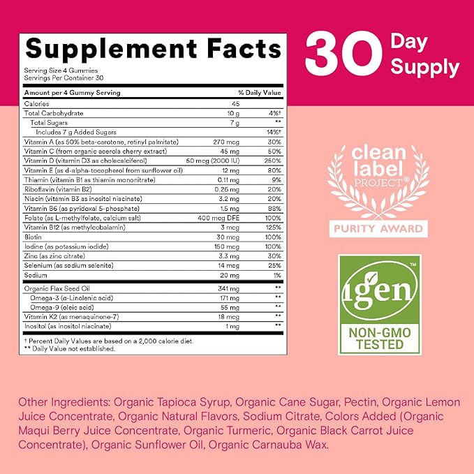 SmartyPants Organic Women's Multivitamin Gummies: Biotin, 3 (ALA), D3, C, B12, B6, B6, Vitamin 120 Count (30 Day