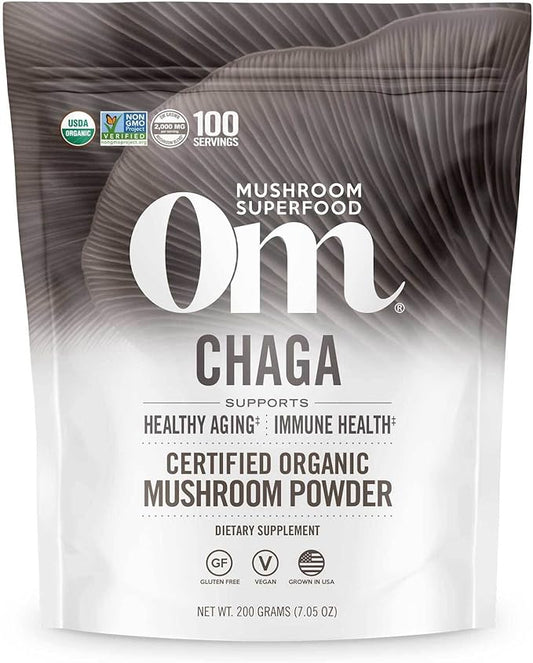 OM MUSHROOM SUPERFOOD Chaga Organic Mushroom Powder, 7.05 Ounce Pouch, 100 Servings, US Grown, Sacred Antioxidants & Immune Support, Superfood Mushroom Supplement