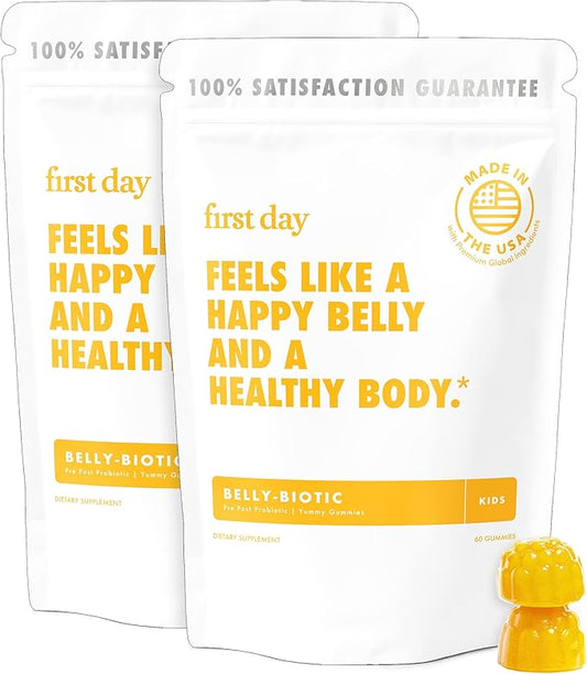 FIRST DAY Kids’ Belly-Biotic Tribiotic Gummies – 3-in-1 Prebiotic, Probiotic & Postbiotic Supplement – Supports Gut Health, Immune Function, Nutrient Absorption & Growth – 60-Day Supply