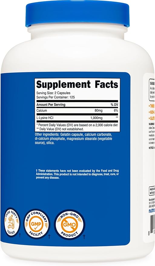 Nutricost L-Lysine 1000mg, 250 Capsules - 500mg Per Cap, Gluten Free, Non-GMO