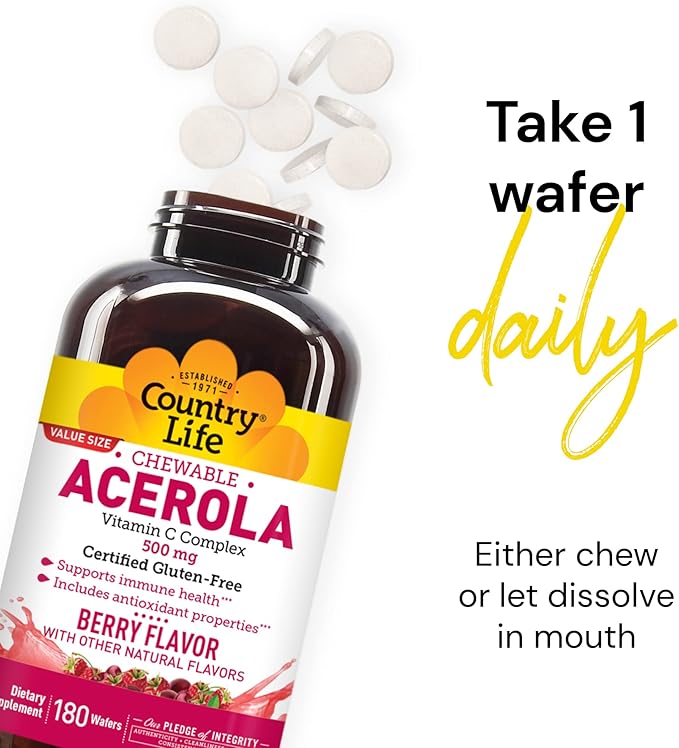 Country Life Acerola Vitamin C Complex, 500mg, Chewable 180 Wafers,