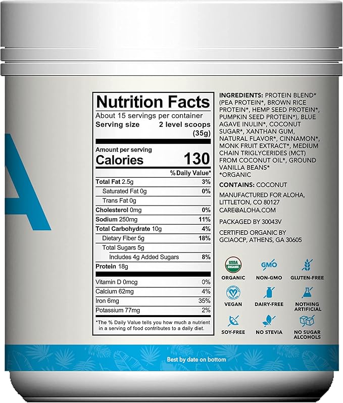 ALOHA Organic Plant Based Protein Powder, 19.6 oz, 15 Servings