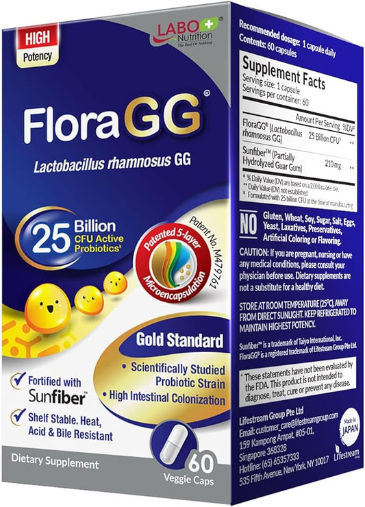 LABO Nutrition FloraGG, Lactobacillus Rhamnosus GG 25 Billion CFU Active Probiotics & Sunfiber Prebiotic Fiber Supplement, Support Healthy Intestinal, Immune Health| Delayed Release & Gluten Free 60s