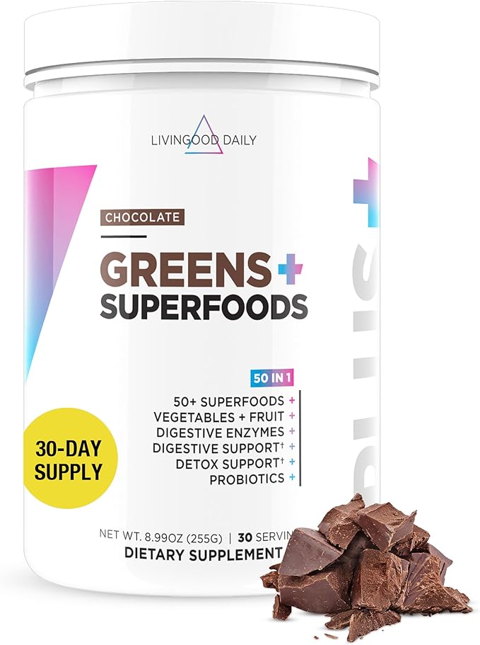 Livingood Daily Greens Superfood Powder (Chocolate) - Super Greens Powder for Gut Health - Green Juice Powder Supplement with Spirulina, Chlorella, Enzymes, & Probiotics for Liver & Digestive Support