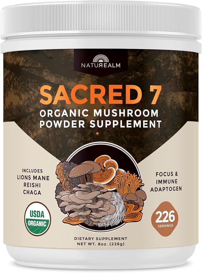 Sacred 7 Mushroom Coffee Booster | Organic Mushroom Supplement Powder – Lions Mane, Reishi, Chaga & More | Adaptogen + Nootropic | 100% Fruiting Bodies | Mix with Coffee,Tea, Smoothies - 226 Servings