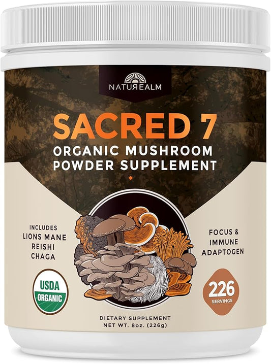Sacred 7 Mushroom Coffee Booster | Organic Mushroom Supplement Powder – Lions Mane, Reishi, Chaga & More | Adaptogen + Nootropic | 100% Fruiting Bodies | Mix with Coffee,Tea, Smoothies - 226 Servings