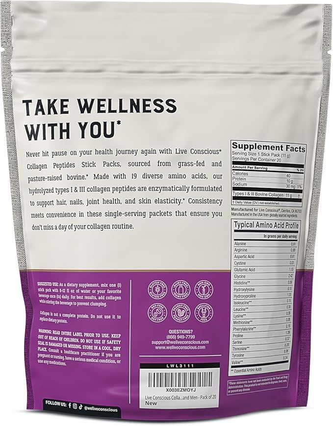 Live Conscious Collagen Peptides Powder Unflavored Packets 20