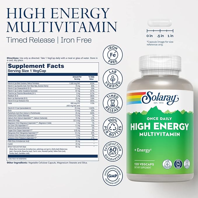 SOLARAY High Energy Multivitamin, No Iron, 1/Day, Timed-Release 120 VegCaps