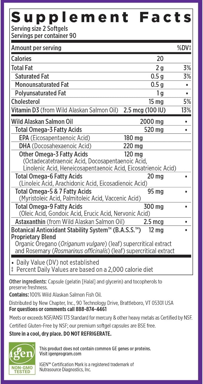 New Chapter Wholemega Fish Oil Supplement Omega-3 + D3 + 180 ct, 1000mg Softgels