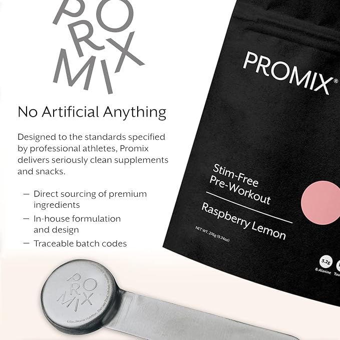 Promix Stim-Free Pre-Workout Powder, Raspberry Lemon 30 Servings, 274g - B12, Taurine,
